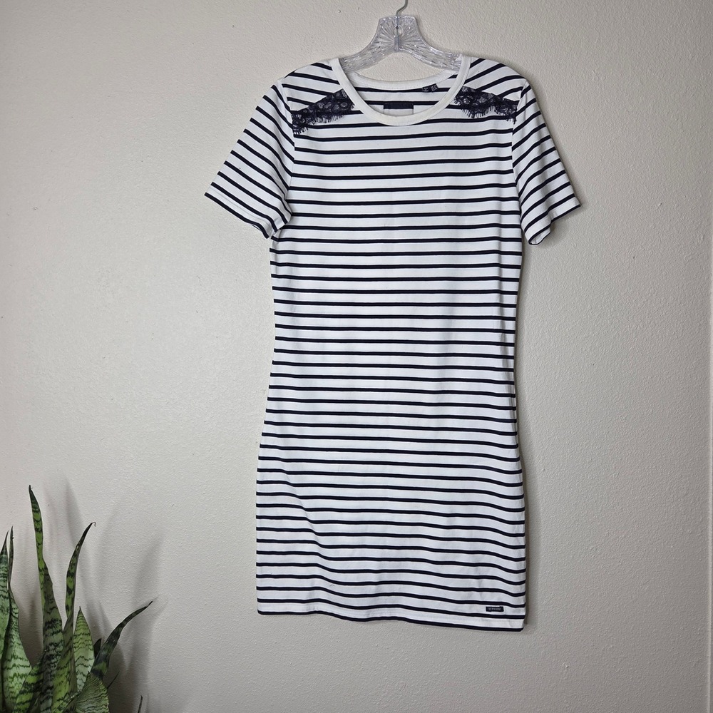 Superdry‎ Striped T-Shirt Dress Size 8 Blue White Lace Nautical Preppy Aesthetic